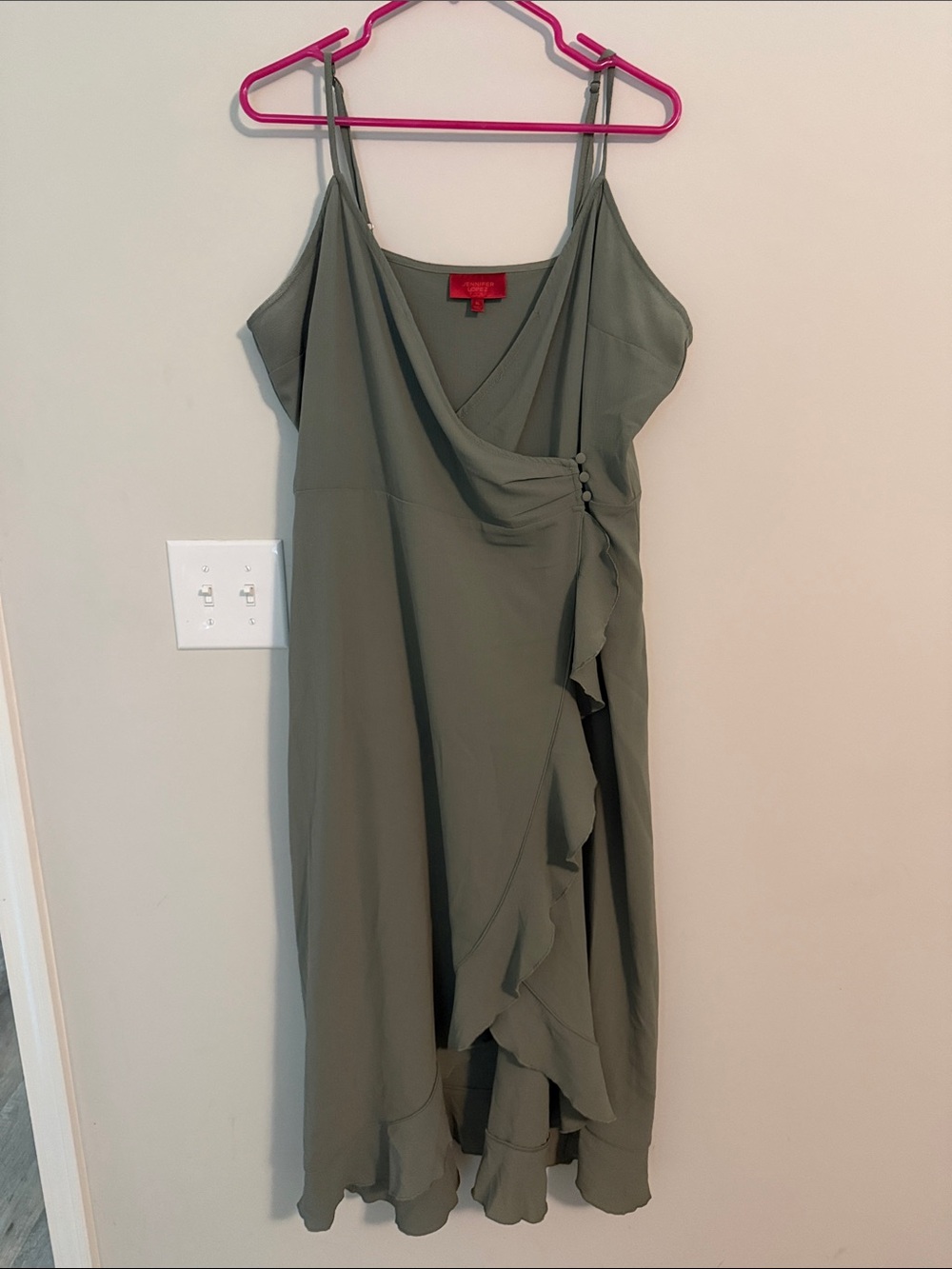 Jennifer Lopez Olive Green High-Low Wrap Dress with Ruffle Trim